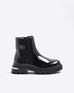 Girls Black Heart Strap Chelsea Boots