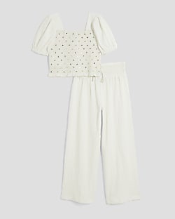Girls White Lurex Shirred Crop Top Set