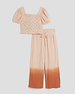 Girls Orange Lurex Shirred Crop Top Set