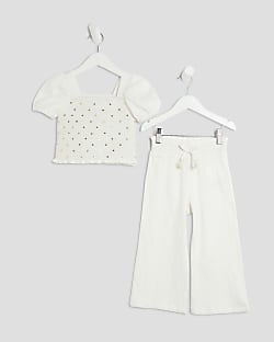Mini Girls White Sequin Top And Trousers Set