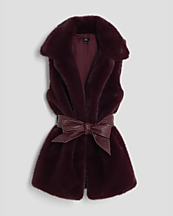 Girls Red Faux Fur Belted Gilet