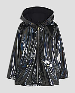 Girls Black Glitter Rain Mac