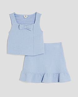 Girls Blue Textured Top And Skirt Set