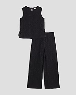 Girls Black Lace Bow Side Crop Top Set