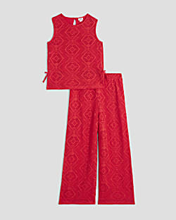 Girls Red Lace Bow Side Crop Top Set