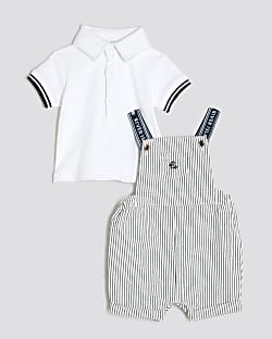 Baby Boys Cream Striped Dungaree Set