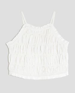 Girls Cream Pearl Shirred Halter Neck Top
