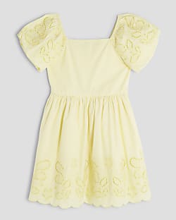 Girls Yellow Cutwork Puff Sleeve Dress