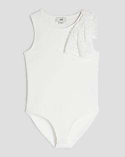Girls White Broderie Bow Bodysuit