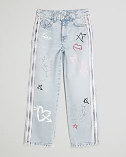 Girls Blue Graffiti Straight Jeans