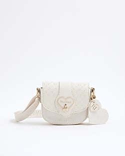 Girls Cream Monogram Heartlock Cross Body Bag