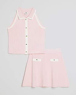 Girls Pink Button Top And Skirt Set