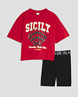 Girls Red Capri Shell Cycling Shorts Set