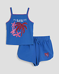 Girls Blue Sequin Palm Tree Tank Top Set