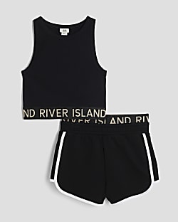 Girls Black Glitter Waistband Tank Set