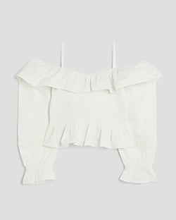 Girls White Bardot Long Sleeve Top