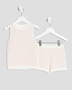 Mini Girls Cream Textured Stripe Tunic Set