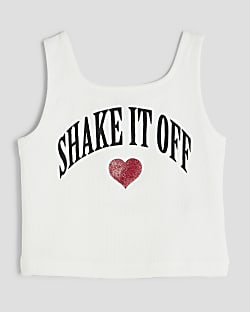 Girls White Glitter Heart Tank Top