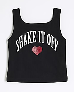 Girls Black Glitter Heart Tank Top
