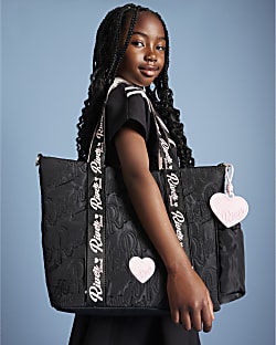 Girls Black Nylon Script Shopper Bag