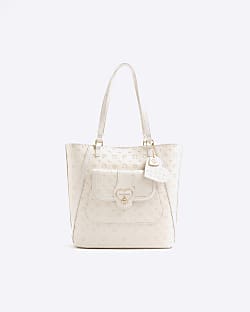 Girls Cream Heart Lock Pocket Shopper Bag