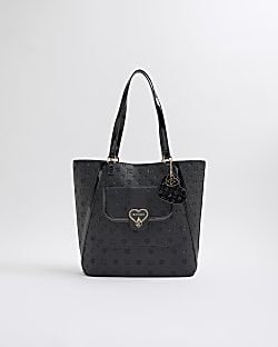 Girls Black Heart Lock Pocket Shopper Bag