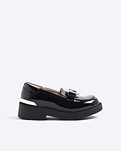 Girls Black Chunky Bow Loafers