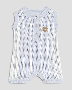 Baby Boys Blue Striped Crochet Bear Romper