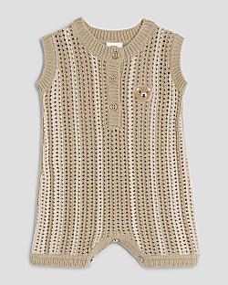 Baby Boys Beige Striped Crochet Bear Romper