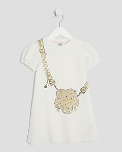 Mini Girls Ecru Raffia Bag T-Shirt Dress