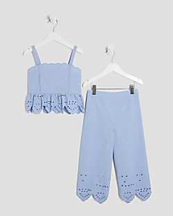 Mini Girls Blue Broderie Top And Trousers Set