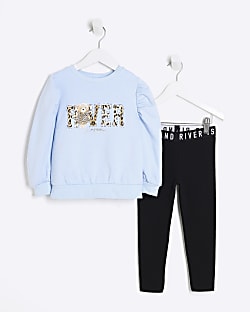 Mini Girls Blue Leopard Bear Sweatshirt Set