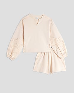 Girls Cream Embroidered Runner Shorts Set