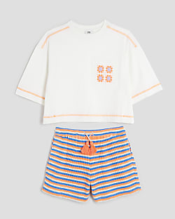 Girls White Stripe Crochet Pocket Top Set