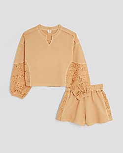 Girls Orange Embroidered Runner Shorts Set