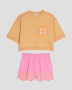 Girls Pink Crochet Pocket Top Set