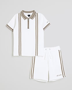 Boys White Textured Stripe Polo Set