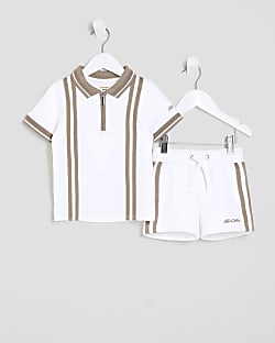 Mini Boys White Textured Stripe Polo Set