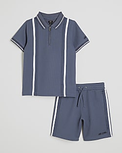 Boys Blue Textured Stripe Polo Set