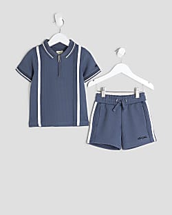 Mini Boys Blue Textured Stripe Polo Shirt Set