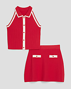 Girls Red Button Top And Skirt Set