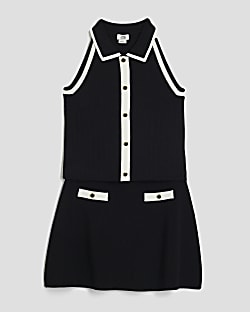 Girls Black Button top And Skirt Set
