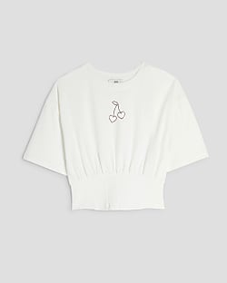 Girls White Cinched Cherry Crop Top