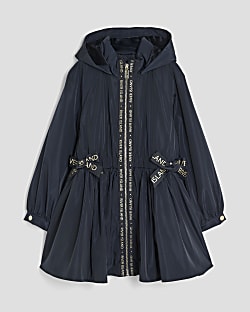 Girls Navy Peplum Hooded Raincoat