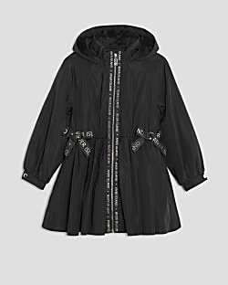 Girls Black Peplum Hooded Raincoat