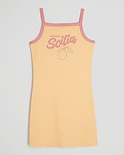 Girls Orange Scilia Graphic Ribbed Dress