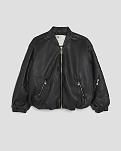 Girls Black Bubble Faux Leather Bomber Jacket