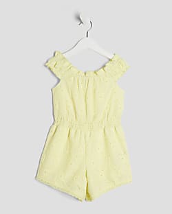 Mini Girls Yellow Shirred Textured Playsuit