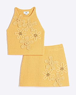 Girls Orange Crochet Floral Top & Skirt Set