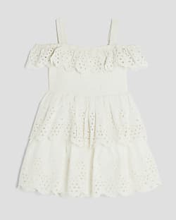 Mini Girls White Tiered Broderie Dress